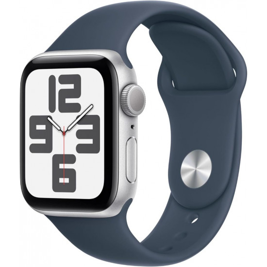 Apple Watch SE 2. Generation (GPS, 44 mm) Smartwatch mit Aluminiumgehäuse in Silber und Sportarmband in Denim (M/L).