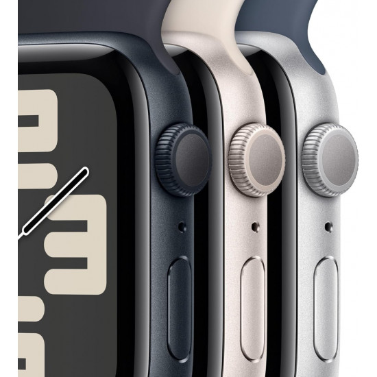 Apple Watch SE 2. Generation (GPS, 40 mm) Smartwatch mit Aluminiumgehäuse in Silber und Sportarmband in Denim (M/L).