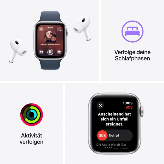 Apple Watch SE 2. Generation (GPS, 44 mm) Smartwatch mit Aluminiumgehäuse in Silber und Sportarmband in Denim (M/L).