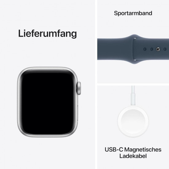 Apple Watch SE 2. Generation (GPS, 40 mm) Smartwatch mit Aluminiumgehäuse in Silber und Sportarmband in Denim (M/L).