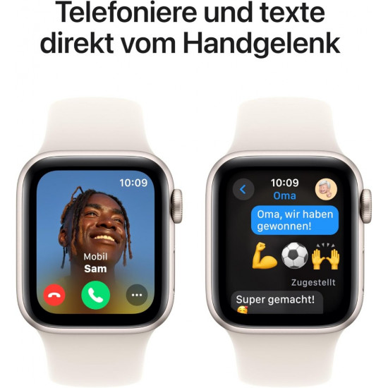 Apple Watch SE 2. Generation (GPS, 40 mm) Smartwatch mit Aluminiumgehäuse in Polarstern und Sportarmband in Polarstern (S/M).