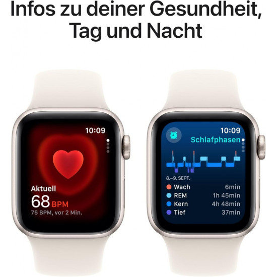 Apple Watch SE 2. Generation (GPS, 40 mm) Smartwatch mit Aluminiumgehäuse in Polarstern und Sportarmband in Polarstern (S/M).