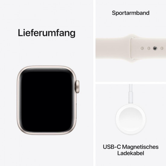 Apple Watch SE 2. Generation (GPS, 40 mm) Smartwatch mit Aluminiumgehäuse in Polarstern und Sportarmband in Polarstern (S/M).