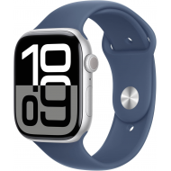 Apple Watch Series 10 (GPS, 42mm) - Silbernes Aluminiumgehäuse mit S/M Denim Sportband