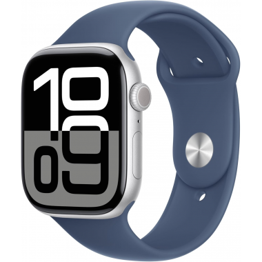 Apple Watch Series 10 (GPS, 46mm) - Silbernes Aluminiumgehäuse mit M/L Denim Sportband