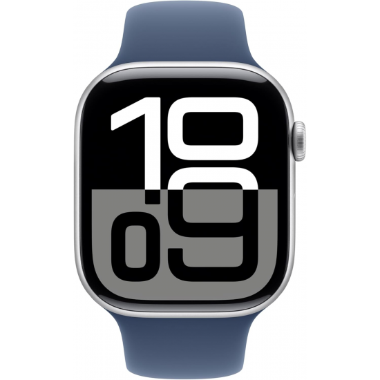 Apple Watch Series 10 (GPS, 46mm) - Silbernes Aluminiumgehäuse mit S/M Denim Sportband