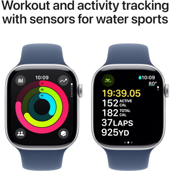 Apple Watch Series 10 (GPS, 46mm) - Silbernes Aluminiumgehäuse mit S/M Denim Sportband